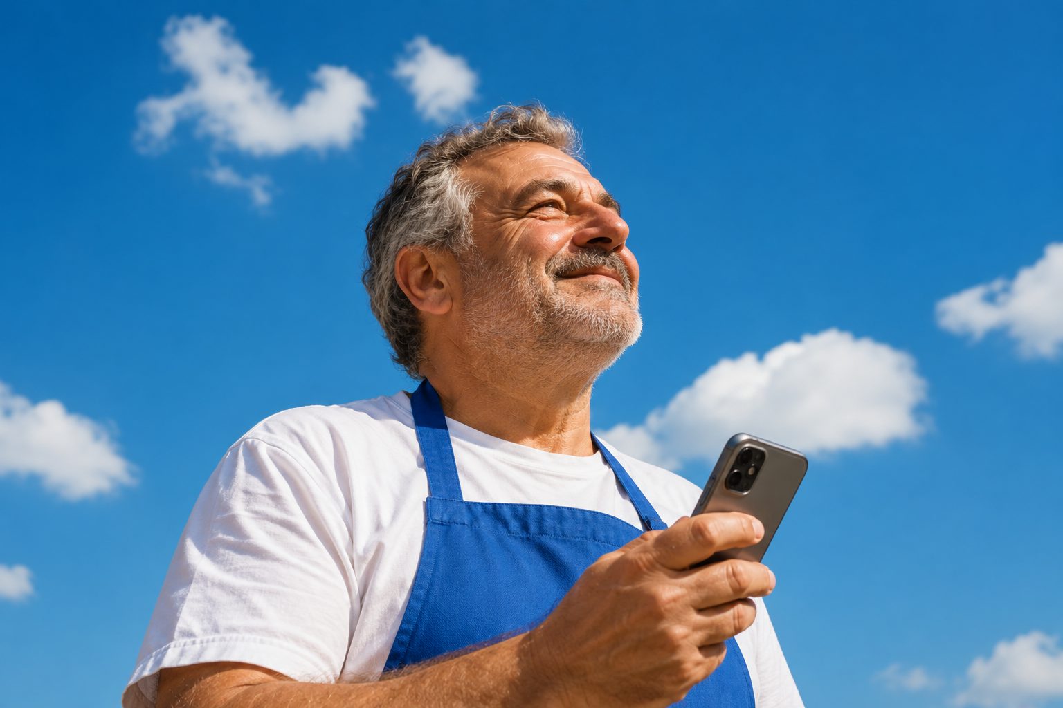 Pizzaiolo che sorride al sole con il telefono in mano